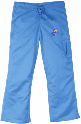 University of Kansas Sky Cargo Scrub Pants. Embroidery is available on this item.