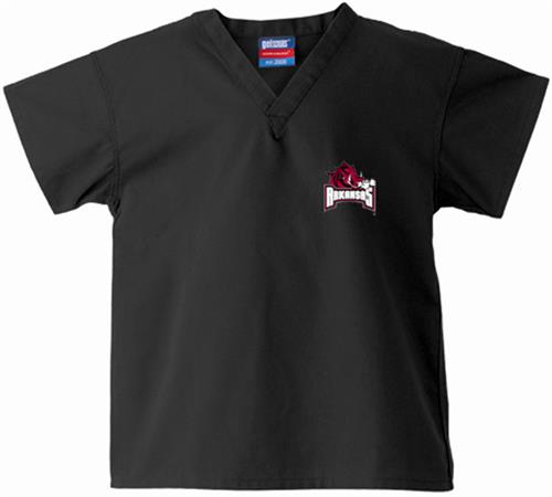 University of Arkansas Kid's Black Scrub Tops. Embroidery is available on this item.