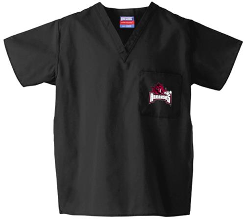 University of Arkansas Black Classic Scrub Tops. Embroidery is available on this item.