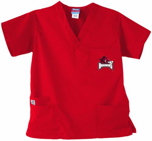 University of Arkansas Red 3-Pocket Scrub Tops. Embroidery is available on this item.