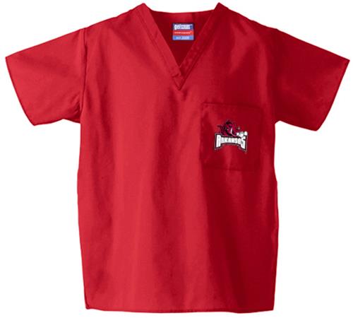 University of Arkansas Red Classic Scrub Tops. Embroidery is available on this item.