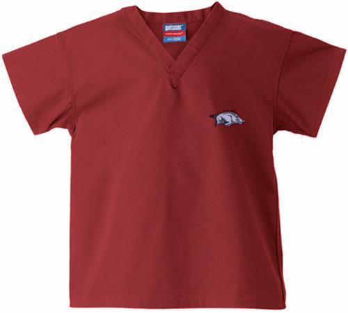 Univ of Arkansas Razorback Kid's Crimson Scrub Top. Embroidery is available on this item.