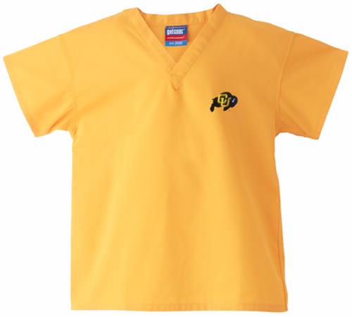 Univ of Colorado Buffaloes Kid's Gold Scrub Tops. Embroidery is available on this item.