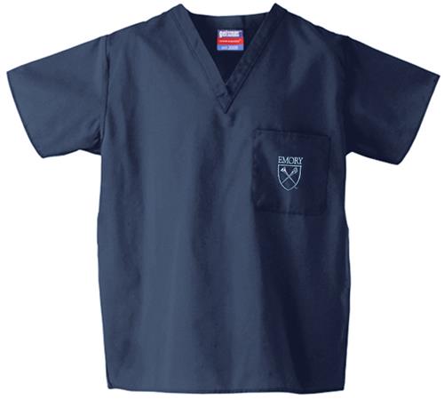 Emory University Navy Classic Scrub Tops. Embroidery is available on this item.