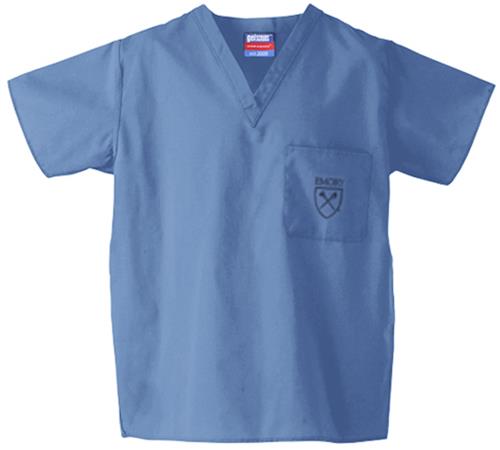Emory University Sky Classic Scrub Tops. Embroidery is available on this item.