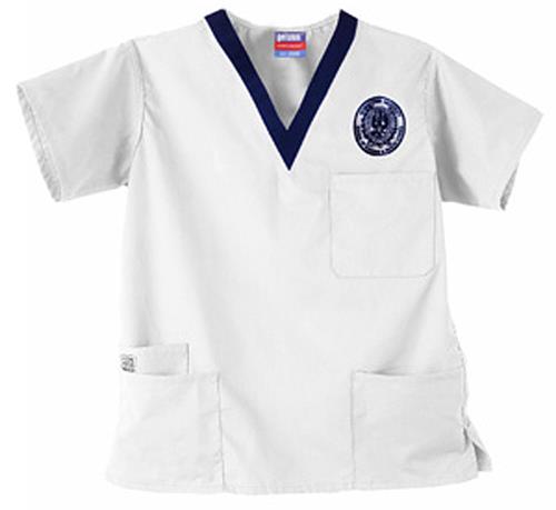Georgetown University White 3-Pocket Scrub Tops. Embroidery is available on this item.