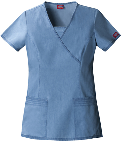 Dickies Women's New Blue Mock Wrap Scrub Tops. Embroidery is available on this item.