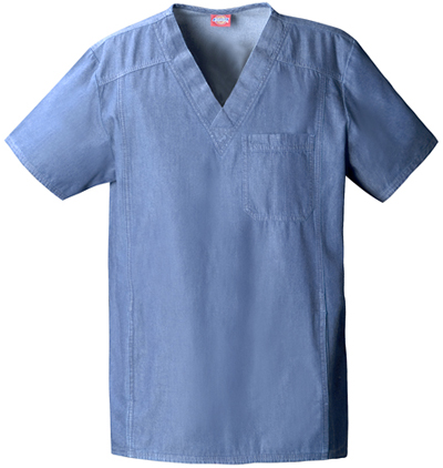 Dickies Unisex New Blue V-Neck Scrub Tops. Embroidery is available on this item.