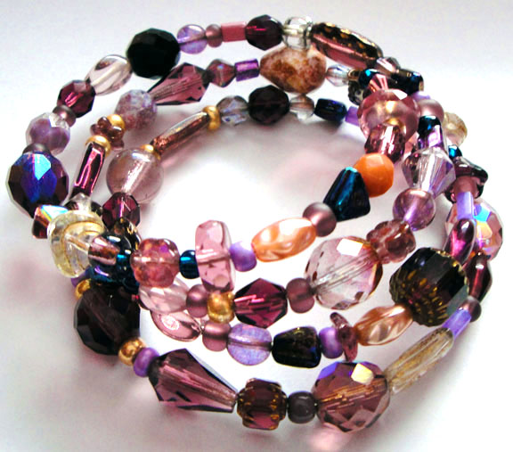 Purple Mix Glass Bead Memory Wire Bracelet