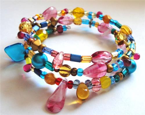 Carnival Mix Glass Bead Memory Wire Bracelet
