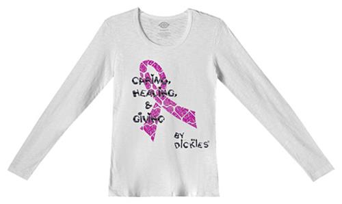 Dickies Women's Long Sleeve Breast Cancer Tees. Embroidery is available on this item.