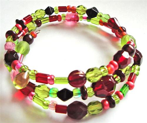 Pink/Lime/Red Glass Bead Memory Wire Bracelet