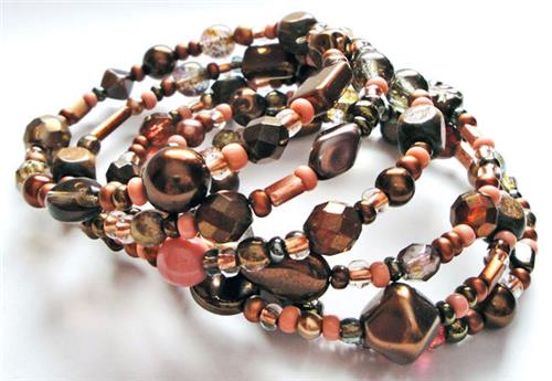 Coral Pink/Brown Glass Bead Memory Wire Bracelet