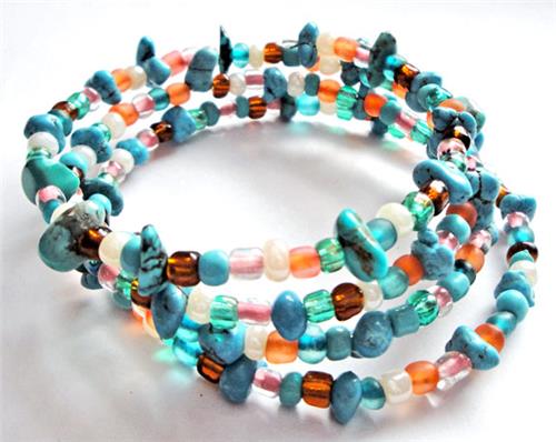 Turquoise Mix Glass Bead Memory Wire Bracelet
