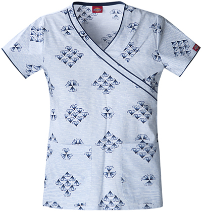 Dickies Women's New Blue Print Mock Wrap Scrub Top. Embroidery is available on this item.