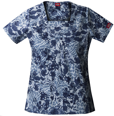 Dickies Womens New Blue Print Sq Neck Scrub Top. Embroidery is available on this item.