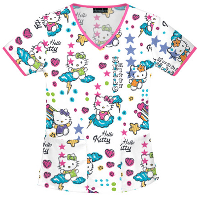 Cherokee Tooniforms Scribble Hello Kitty Scrub Top. Embroidery is available on this item.