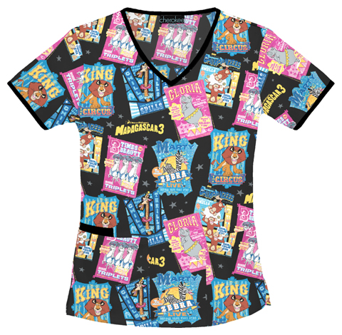 Cherokee Tooniforms Madagascar Circus Scrub Tops. Embroidery is available on this item.