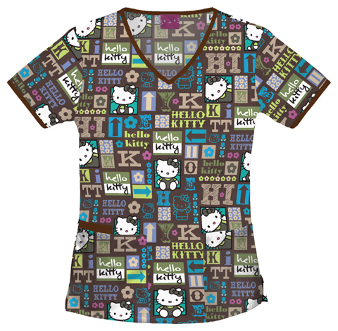 Cherokee Tooniforms Hello Kitty Name Tag Scrub Top. Embroidery is available on this item.