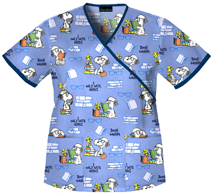 Cherokee Tooniforms Book Worm Snoopy Scrub Tops. Embroidery is available on this item.