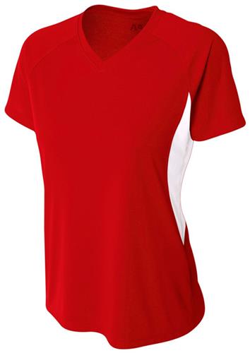 A4 Womens Color Blocked Performance V-Neck Shirt. Printing is available for this item.