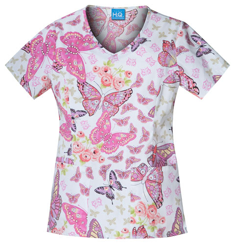 Cherokee Scrub HQ Pink Papillons V-Neck Scrub Top. Embroidery is available on this item.