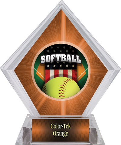 Awards Patriot Softball Orange Diamond Ice Trophy. Personalization is available on this item.