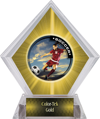 P.R. Female Soccer Yellow Diamond Ice Trophy. Personalization is available on this item.