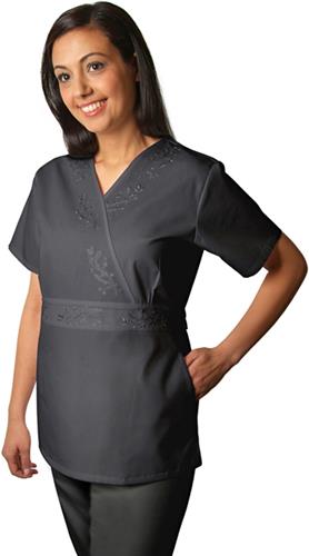 Adar Womens Embroidered Crossover Midriff Tunic. Embroidery is available on this item.