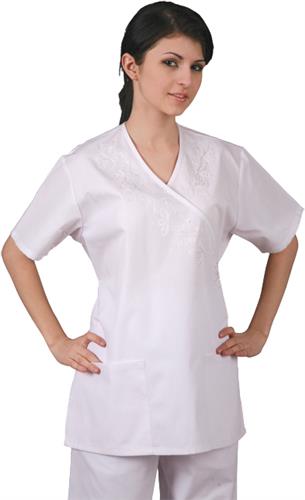 Adar Womens Embroidered Mock Wrap Scrub Top. Embroidery is available on this item.