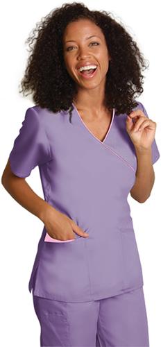 Adar Womens Mock Wrap Contrast Trim Scrub Top. Embroidery is available on this item.