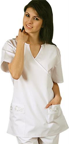 Adar Womens Mock Wrap Semi-V Uniform Top. Embroidery is available on this item.