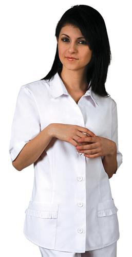 Adar Womens Button Down Ruffle Pocket Uniform Top. Embroidery is available on this item.