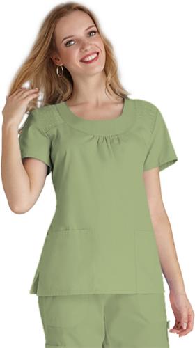 Adar Women's Scoop Neck Smocked Uniform Top. Embroidery is available on this item.