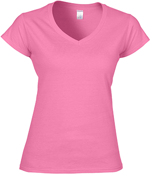 Gildan Pink Softstyle Junior Fit V-Neck T-Shirts. Printing is available for this item.