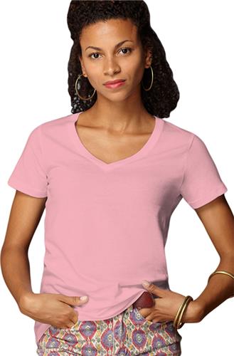 Anvil Pink Women's Sheer V-Neck T-Shirts. Printing is available for this item.