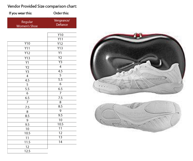 Nfinity Vengeance Cheer Shoes Sizing Chart