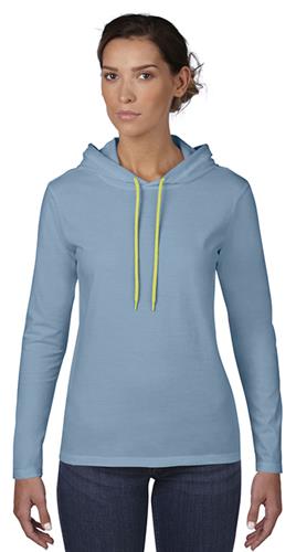 Anvil Women's Missy Fit Long Sleeve Hooded Tee. Decorated in seven days or less.