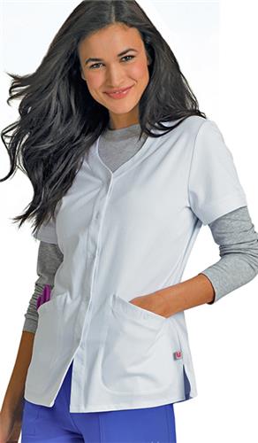 Urbane Women's Megan Snap-Front Jacket Scrub Top. Embroidery is available on this item.
