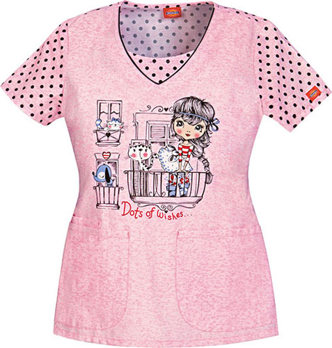 Dickies Womens Jr Fit V-Neck Dots/Wishes Scrub Top. Embroidery is available on this item.