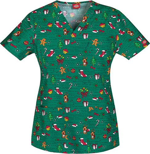 Dickies Women's Christmas Cuties V-Neck Scrub Top. Embroidery is available on this item.