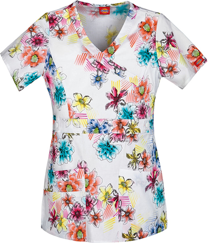 Dickies Jr Fit Mock Wrap Prism of Posies Scrub Top. Embroidery is available on this item.