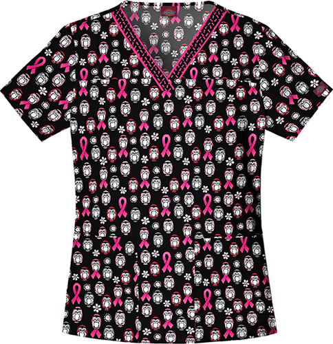 Dickies Breast Cancer Owl Always Care Scrub Top. Embroidery is available on this item.