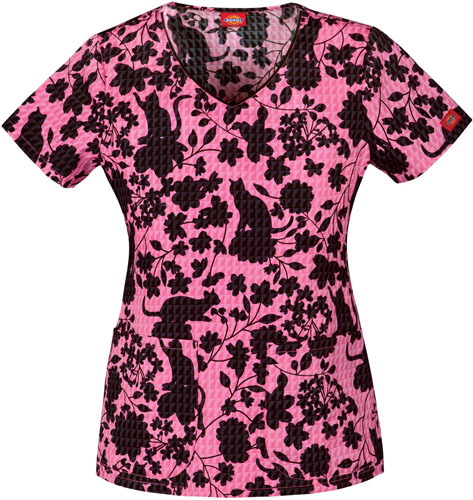 Dickies Women's Jr Fit Feline Floral Scrub Top. Embroidery is available on this item.