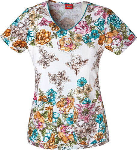Dickies Women's Jr Fit Floral Fairy Tale Scrub Top. Embroidery is available on this item.