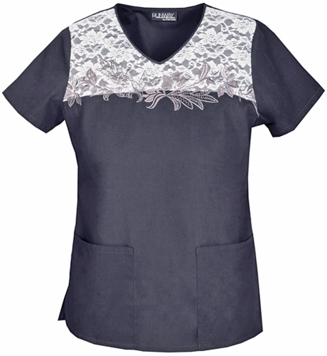 Runway Womens V-Neck Floral Embroidery Scrub Top