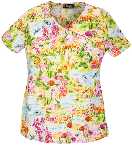 Runway Women's Peaceful Garden Mock Wrap Scrub Top. Embroidery is available on this item.