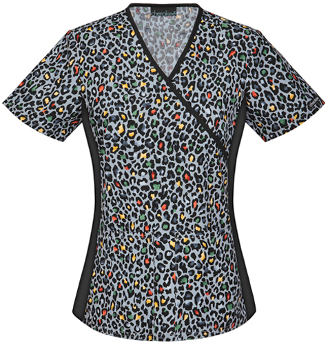 Cherokee Women's Deft Leopard Mock Wrap Scrub Top. Embroidery is available on this item.