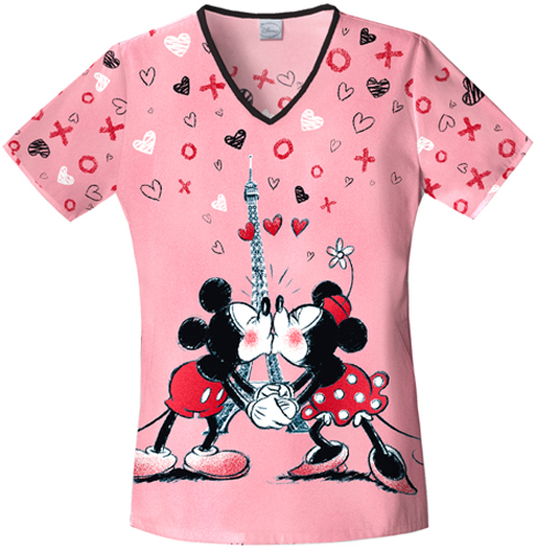 Tooniforms Women's Minnie L'Amour V-Neck Scrub Top. Embroidery is available on this item.
