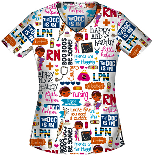 Tooniforms Women's Doc McStuffins V-Neck Scrub Top. Embroidery is available on this item.